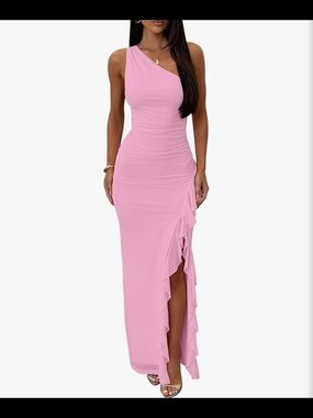 One-Shoulder Pink Ruffle Maxi Dress